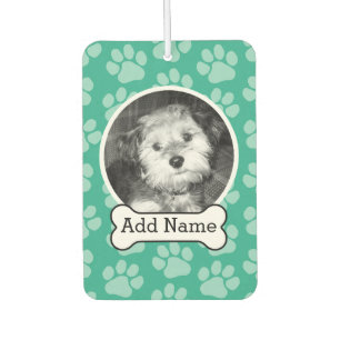 Pet Photo with Dog Bone and Paw Prints Green Car Air Freshener