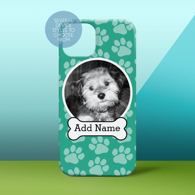Pet Photo with Dog Bone and Paw Prints Green Case-Mate iPhone Case (Personalized Phone Case)