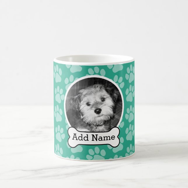 Pet Photo with Dog Bone and Paw Prints Green Coffee Mug (Center)