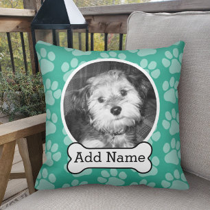 Pet Photo with Dog Bone and Paw Prints Green Throw Pillow