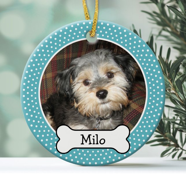 Pet Photo with Dog Bone - Double Sided Ceramic Ornament (Personalized Christmas Photo Ornament)