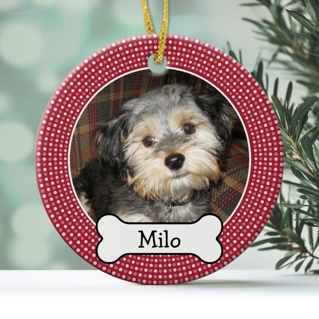Pet Photo with Dog Bone - Double Sided Ceramic Ornament (Personalized Christmas Photo Ornament)