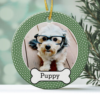Pet Photo with Dog Bone - green polka dots Ceramic Ornament
