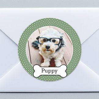 Pet Photo with Dog Bone - green polka dots Classic Round Sticker