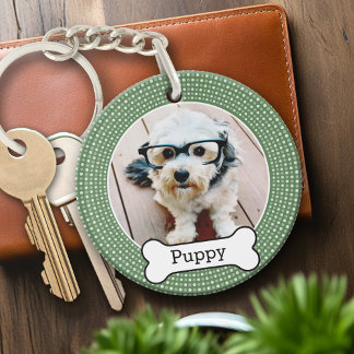 Pet Photo with Dog Bone - green polka dots Keychain