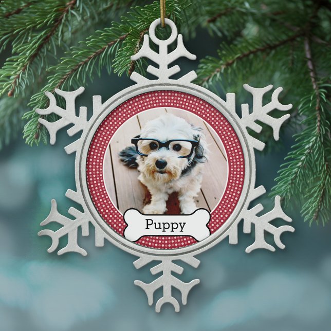 Pet Photo with Dog Bone - red polka dots Snowflake Pewter Christmas Ornament (Personalized Pewter Christmas Ornament - Pet Photo)