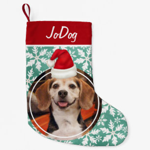 Pet Photo with Red Santa Hat Green Snowflakes Small Christmas Stocking