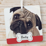 Pet Photos on Cute Dog Bone Add Name Metal Ornament<br><div class="desc">Add pet name in playful script typography on a simple dog bone name plate. Add custom pet photo.</div>