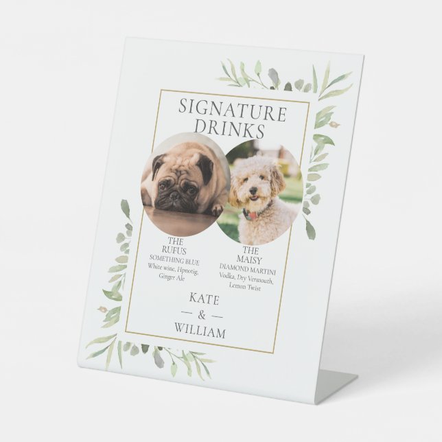 Pet Photos Signature Drinks Greenery Wedding Pedestal Sign (Front)