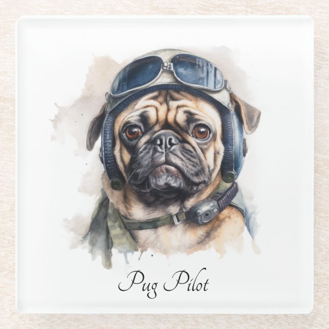 Pet Pilot Pug customizable Glass Coaster (Front)