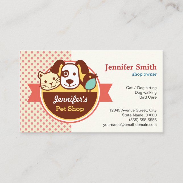 Pet Shop Pet Care Pet Groomer Cute Polka Dots Business Card Zazzle