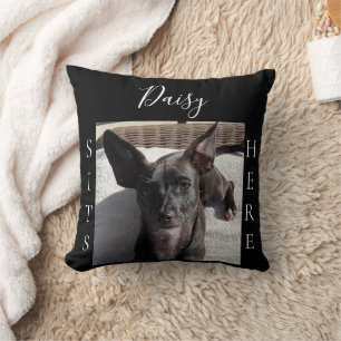 Pet Sits Here Black Custom Photo Throw Pillow