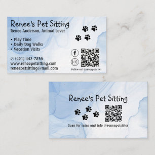 Pet Sitter Blue Watercolor QR Code Business Card
