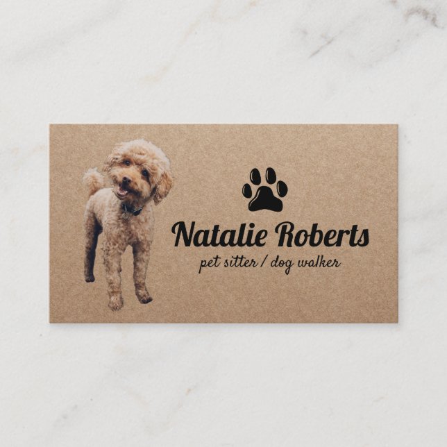 Pet Sitter Dog Walker Cute Poodle Rustic Kraft Business Card (Front)