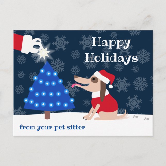 Pet Sitter Dog with Christmas Tree and Santa Postcard (Front)