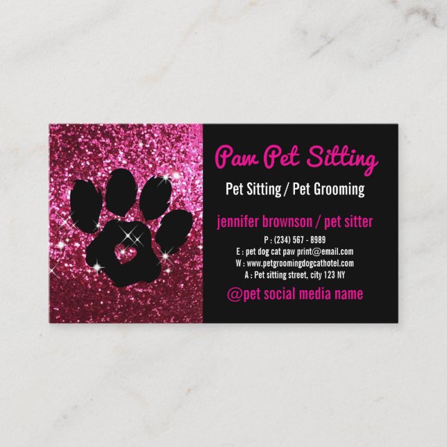 Pet Sitter Grooming Glitter Pink Black Dog Cat Paw Business Card (Front)