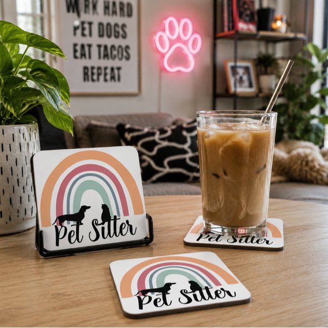 'Pet Sitter' Rainbow Dog Cat Silhouette Gift Coaster (Creator Uploaded)