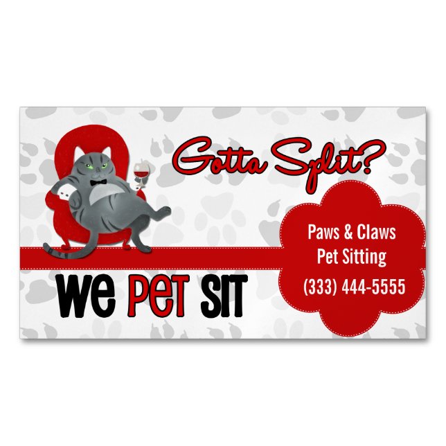 Pet Sitter's Custom Name Funny Grey Cat Magnetic Business Card (Front)
