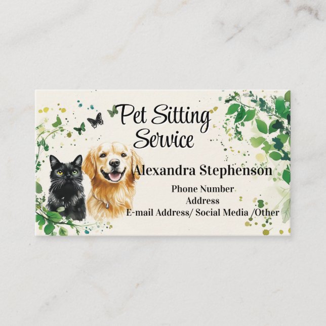 Pet Sitting Service Watercolor Butterfly Dog Cat Business Card (Front)