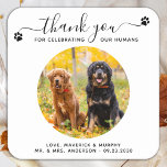 Pet Wedding Modern Elegant Script Photo Thank You Square Paper Coaster<br><div class="desc">Thank You for celebrating my humans! Add the finishing touch to your wedding with these cute custom photo wedding coasters . Perfect for your wedding after party and reception, and as wedding favours for your guests. Customize these photo dog wedding coasters with your favourite wedding photo, dog of honours photo,...</div>