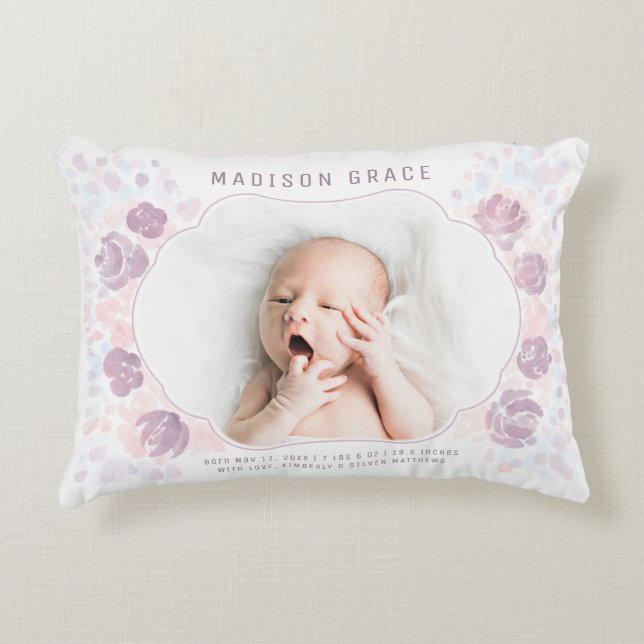 Petal Baby Girl Birth Announcement Custom Photo Accent Pillow (Front)