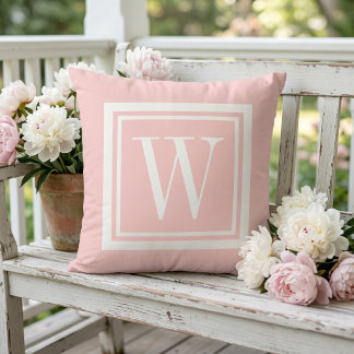 Petal Pink and White Classic Square Monogram Outdoor Pillow