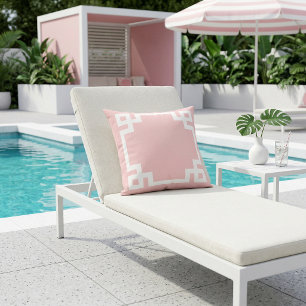 Petal Pink and White Greek Key   Editable Colours Outdoor Pillow