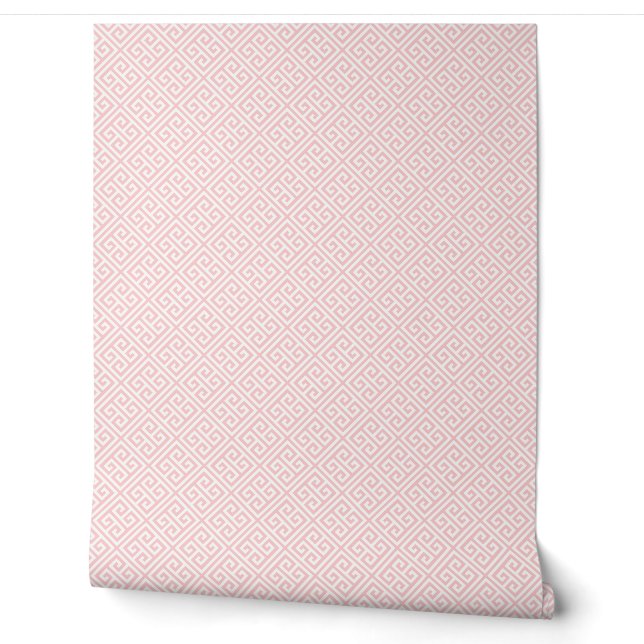 Petal Pink and White Greek Key Pattern Wallpaper (Unrolling)