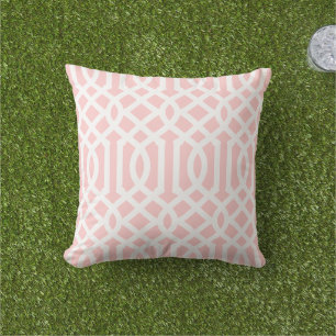Petal Pink and White Trellis Pattern Outdoor Pillow