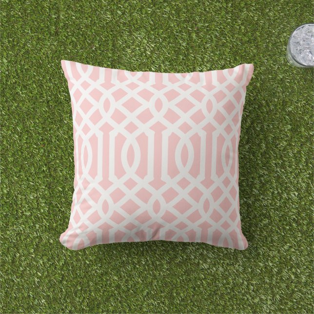 Petal Pink and White Trellis Pattern Outdoor Pillow (Grass)