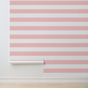 Petal Pink and White Wide Horizontal Stripes Wallpaper