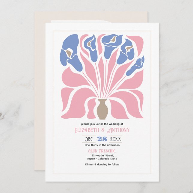 Petal Pink/Cornflower Abstract Floral Boho Wedding Invitation (Front/Back)
