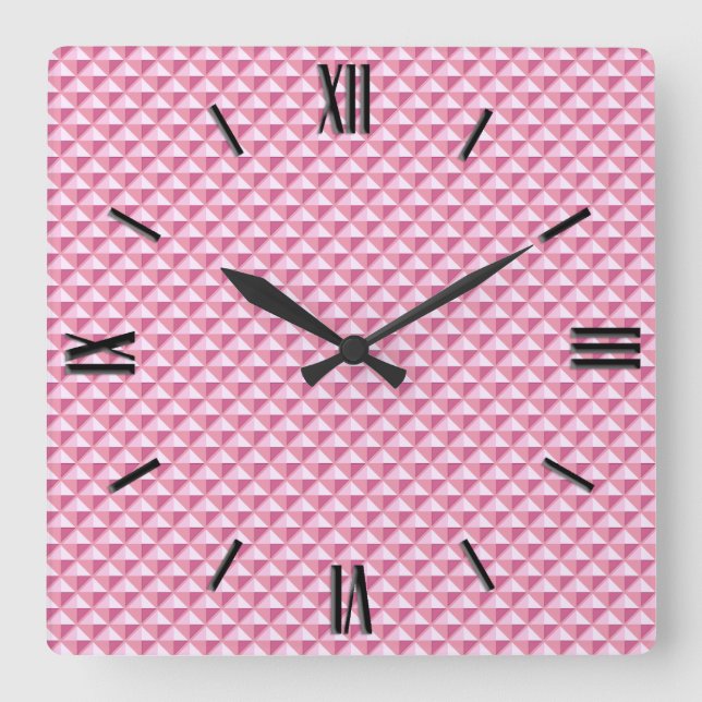 Petal pink, enamel look, studded grid square wall clock (Front)