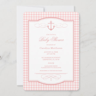 Petal Pink Gingham Preppy Coastal Baby Shower Invitation