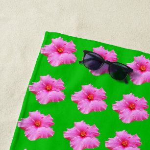 "Petal Serenity: Pink Hibiscus on a Green Canvas Beach Towel