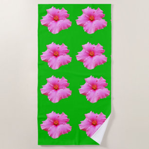 "Petal Serenity: Pink Hibiscus on a Green Canvas Beach Towel