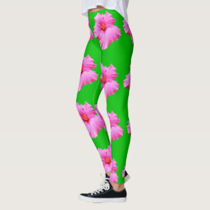 "Petal Serenity: Pink Hibiscus on a Green Canvas Leggings
