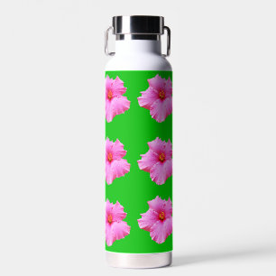 "Petal Serenity: Pink Hibiscus on a Green Canvas Water Bottle