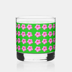 "Petal Serenity: Pink Hibiscus on a Green Canvas Whiskey Glass