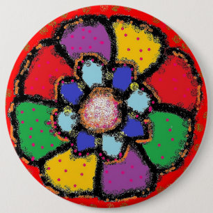 Petal shaped art colours red purple blue yellow 6 inch round button