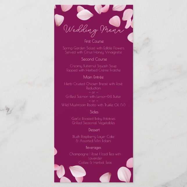 Pétales roses romantiques Menu Mariage (Devant)
