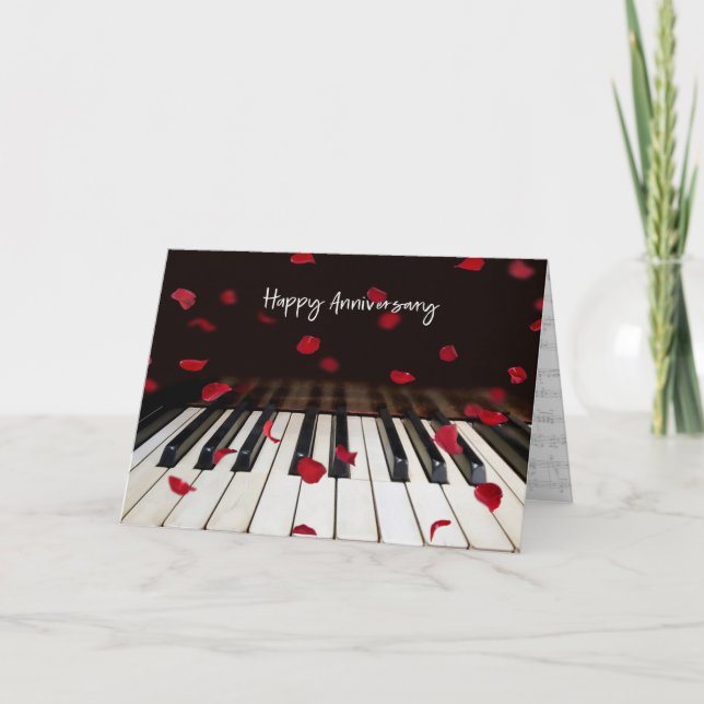 Pétales roses sur clé de piano Anniversaire Carte (Devant)