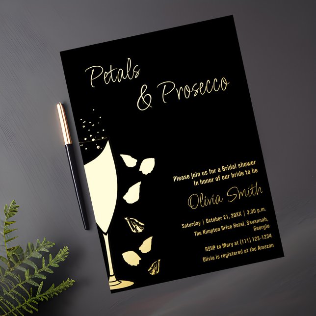 Petals and Prosecco Black Gold Elegant Invitation (Creator Uploaded)