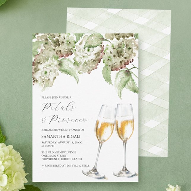 Petals and Prosecco Bridal Shower Invite Hydrangea (Petals and prosecco bridal shower invitations designed with hand painted watercolor hydrangea art )