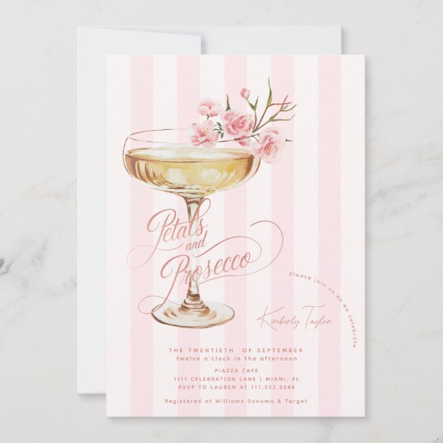 Petals And Prosecco Pink Floral Bridal Shower Invitation (Front)