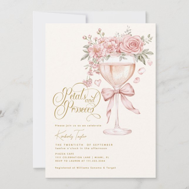 Petals And Prosecco Pink Garden Bridal Shower Invitation (Front)