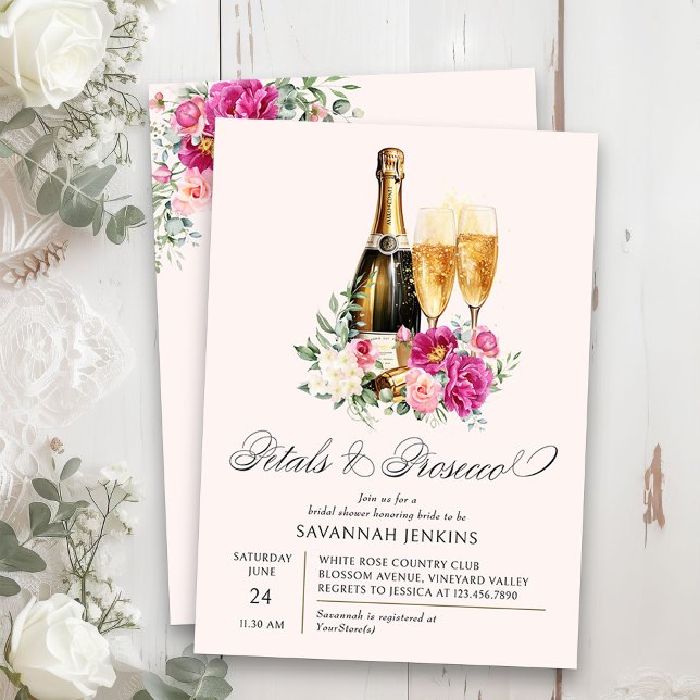 Petals and Prosecco Pink Peony Bridal Shower Invitation (Petals & Prosecco Floral Bridal Shower invitation on blush pink)