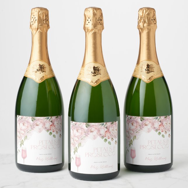 Petals and Prosecco Pink Rose Floral Bridal Shower Sparkling Wine Label (Bottles)