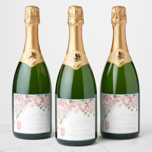Petals and Prosecco Pink Rose Floral Bridal Shower Sparkling Wine Label (Bottles)