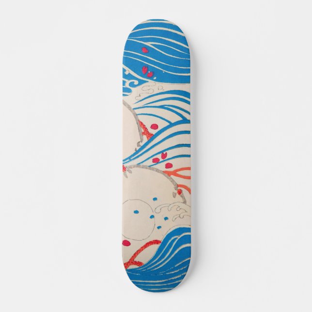 Petals on Waves Vintage Japanese Retro Pattern Skateboard (Front)